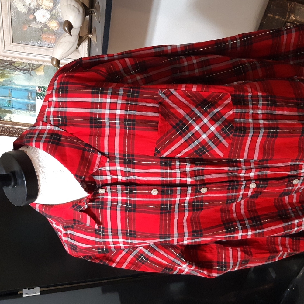 Womens plaid Blouse Button up Collared shirt Thin fabric Plus sz 3x AVA & VIV